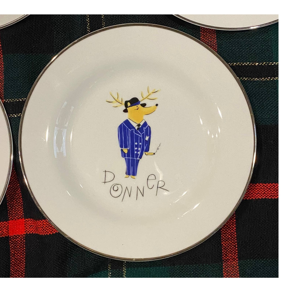 Pottery Barn REINDEER DONNER Salad Plates 8-1/2” White Porcelain MINT!